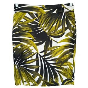 T10 Ann Taylor Tropical Palm Leaf Pencil Skirt Size 2 Green Black White Stretch